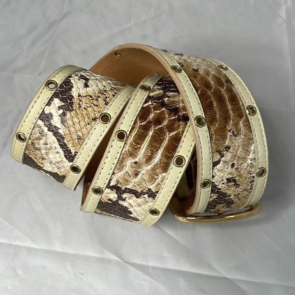 PUNTO FIBBIA Snakeskin Print Genuine Leather Wide Belt Rounded Gold Buckle L - Picture 3 of 10